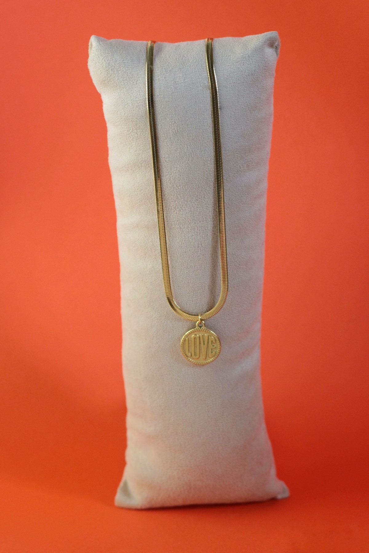 Love Coin Necklace with engraved love pendant and snake chain by Concept Statement