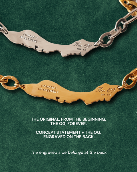 Two Concept Statement chain bracelets, one in silver and one in yellow gold, displayed on a textured dark green background with descriptive text below.